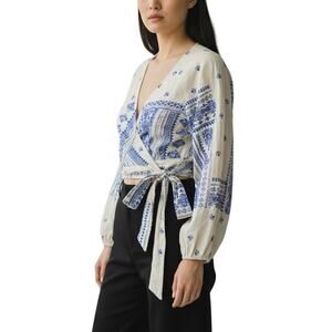 Wrap Front White and Blue Printed Short Sleeve Top NWOT